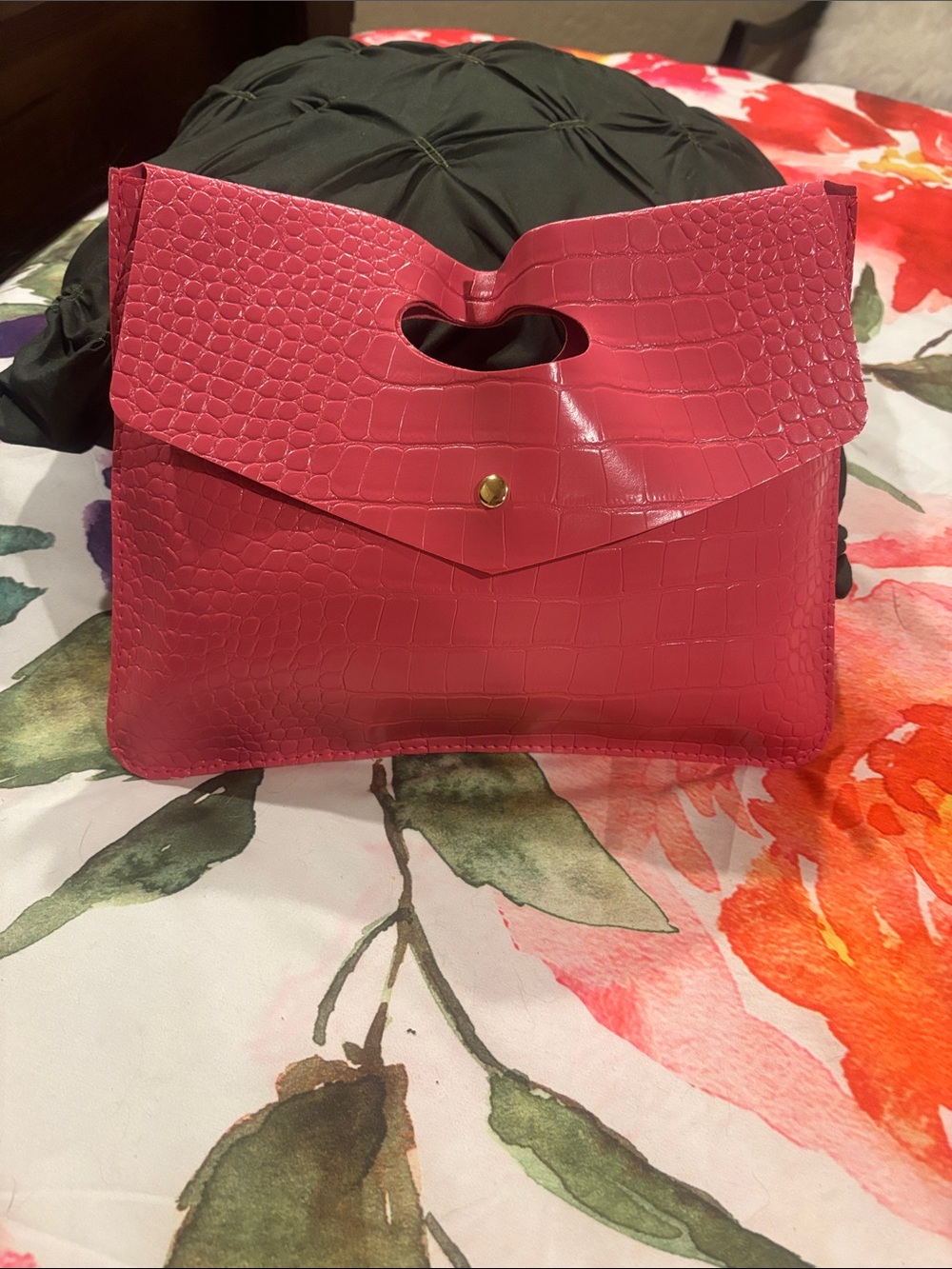 Heart-Handle Croc-Texture Pink Clutch